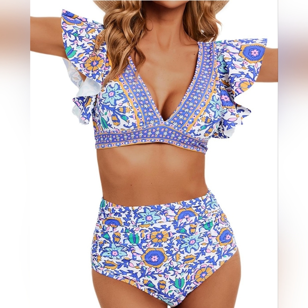 Floral Print Ruffle High Waist Bikini